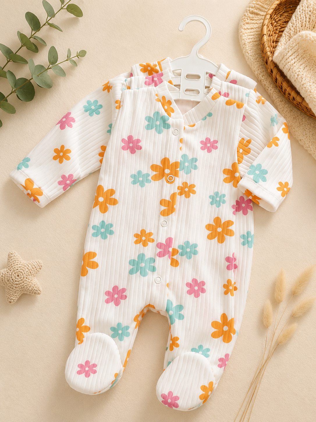 Bundle: 3-Pack 100% Cotton Ribbed Retro Floral Print Baby Sleepsuits