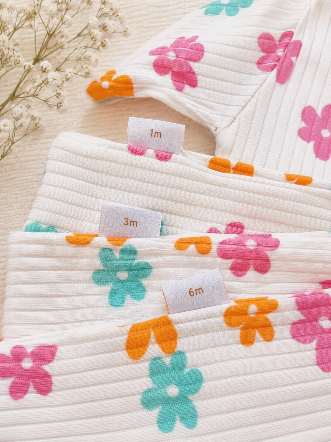 Bundle: 3-Pack 100% Cotton Ribbed Retro Floral Print Baby Sleepsuits