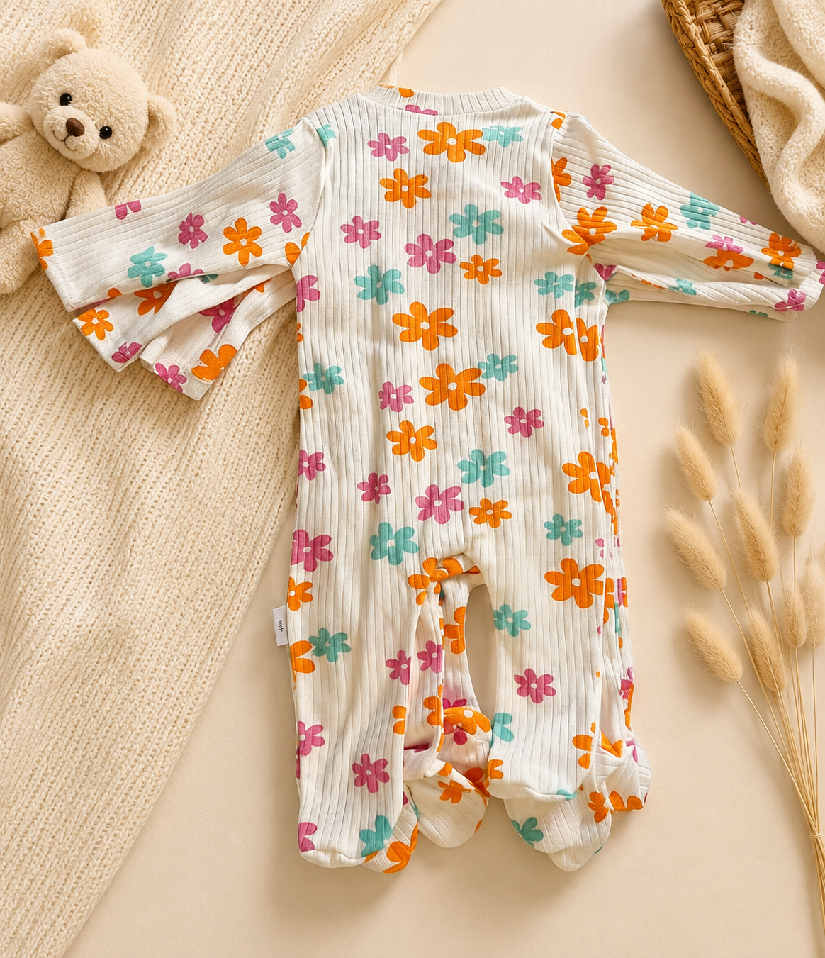 Bundle: 3-Pack 100% Cotton Ribbed Retro Floral Print Baby Sleepsuits