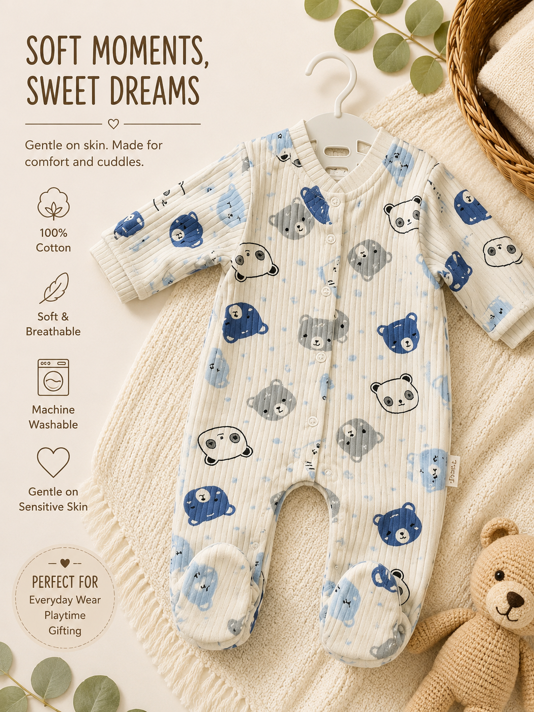 🧸 Baby Bear Sleepsuit Bundle – 3 Pieces Soft and adorable baby sleepsuit set with cute bear print design 🤍💙