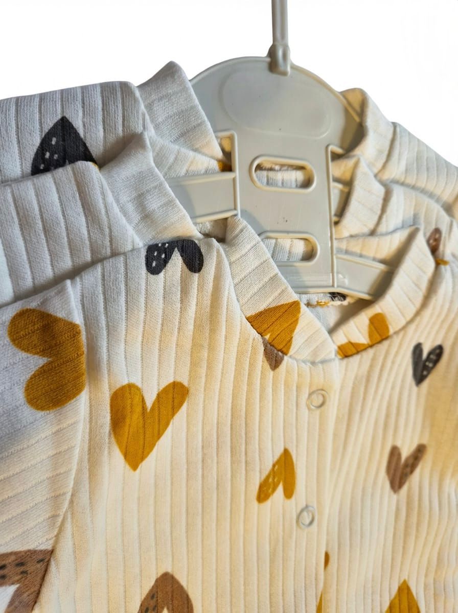Heart Print Ribbed Cotton Baby Sleepsuit – Soft & Neutral