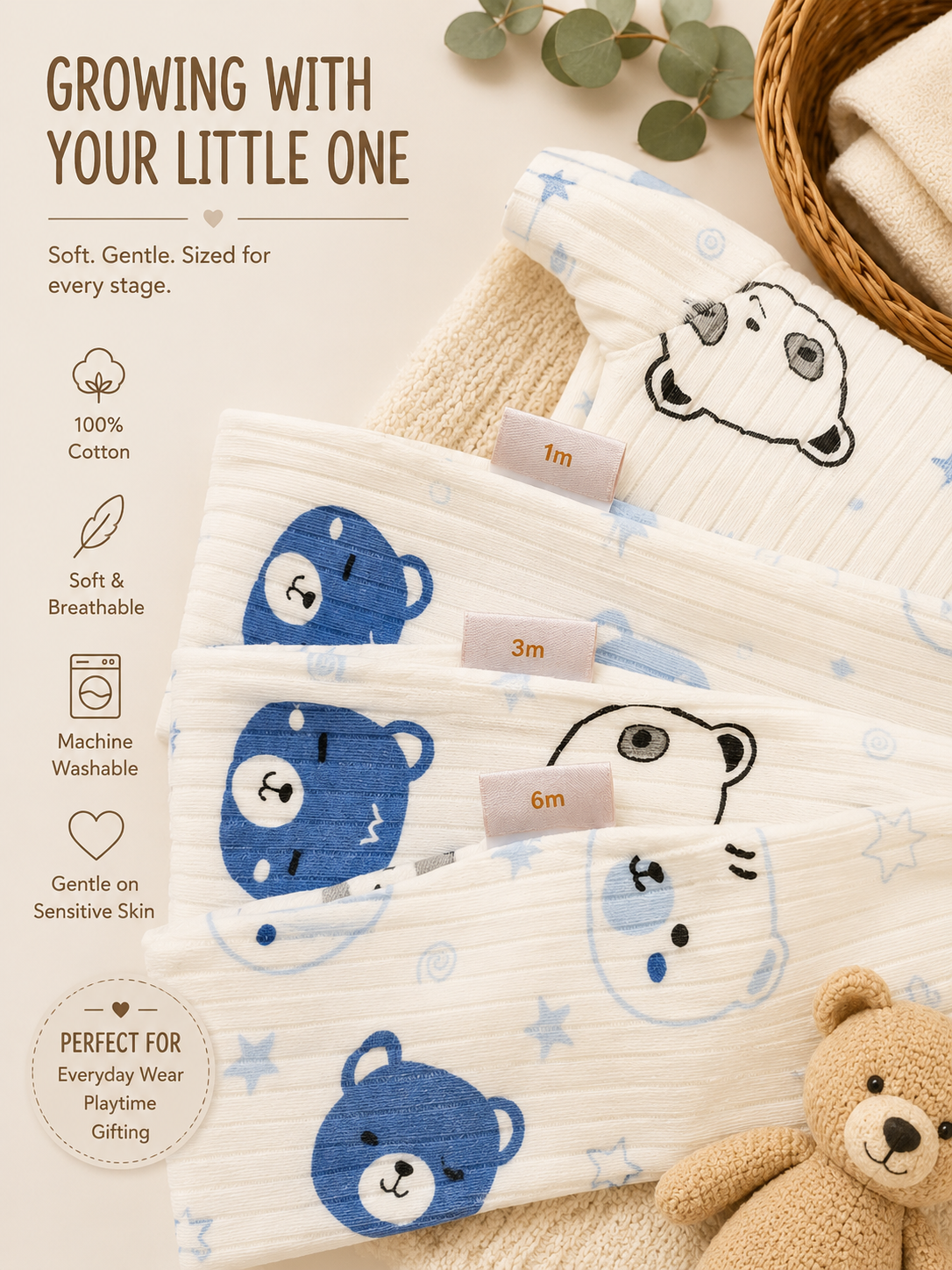 🧸 Baby Bear Sleepsuit Bundle – 3 Pieces Soft and adorable baby sleepsuit set with cute bear print design 🤍💙