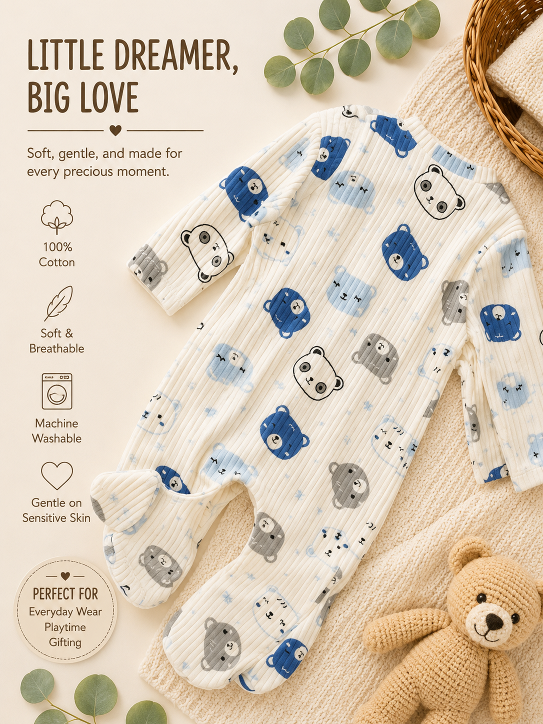 🧸 Baby Bear Sleepsuit Bundle – 3 Pieces Soft and adorable baby sleepsuit set with cute bear print design 🤍💙
