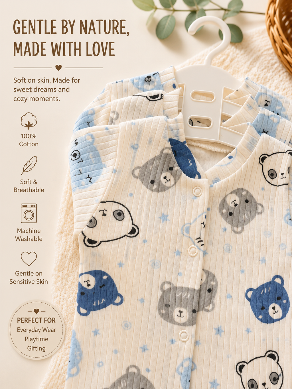 🧸 Baby Bear Sleepsuit Bundle – 3 Pieces Soft and adorable baby sleepsuit set with cute bear print design 🤍💙