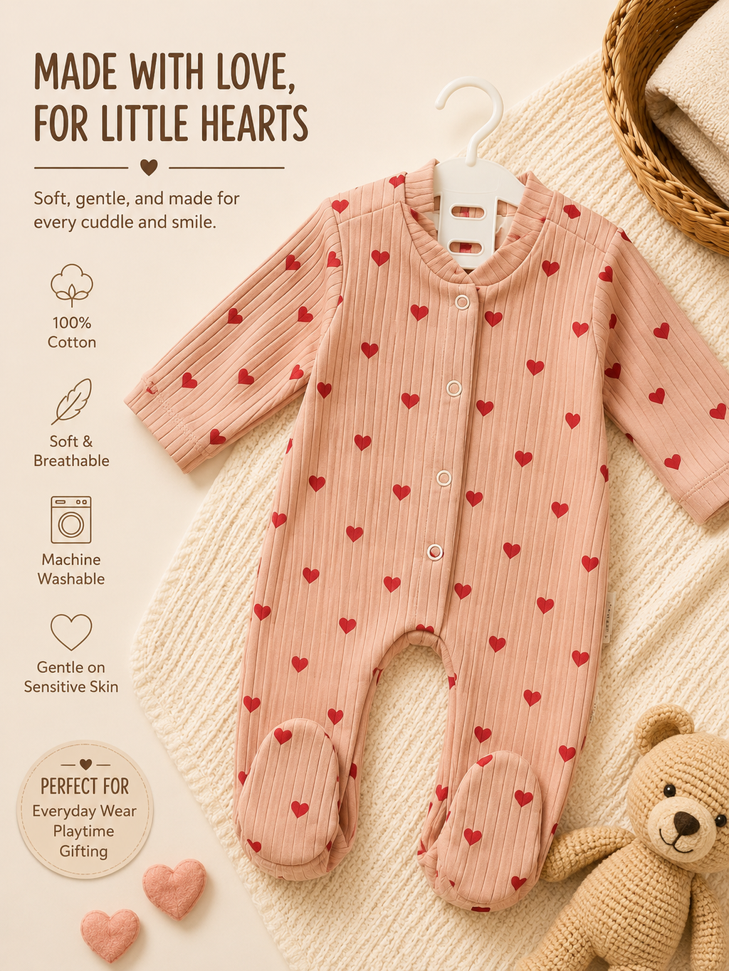 Bundle: 3-Pack 100% Cotton Ribbed Heart Print Baby Sleepsuits