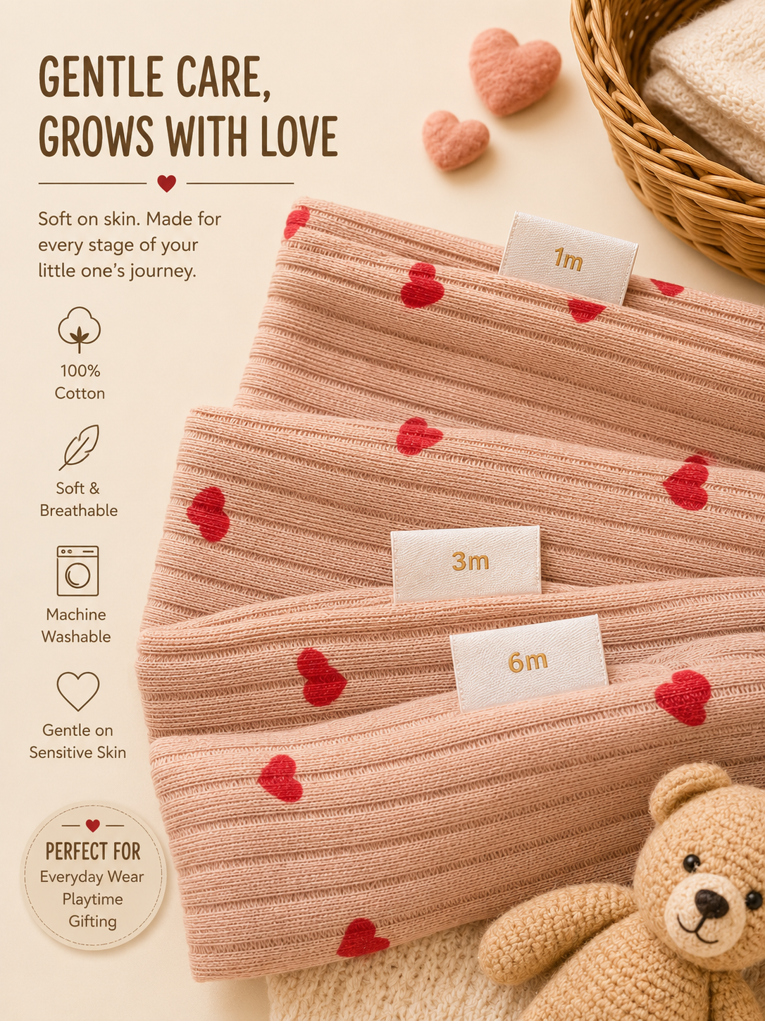 Bundle: 3-Pack 100% Cotton Ribbed Heart Print Baby Sleepsuits