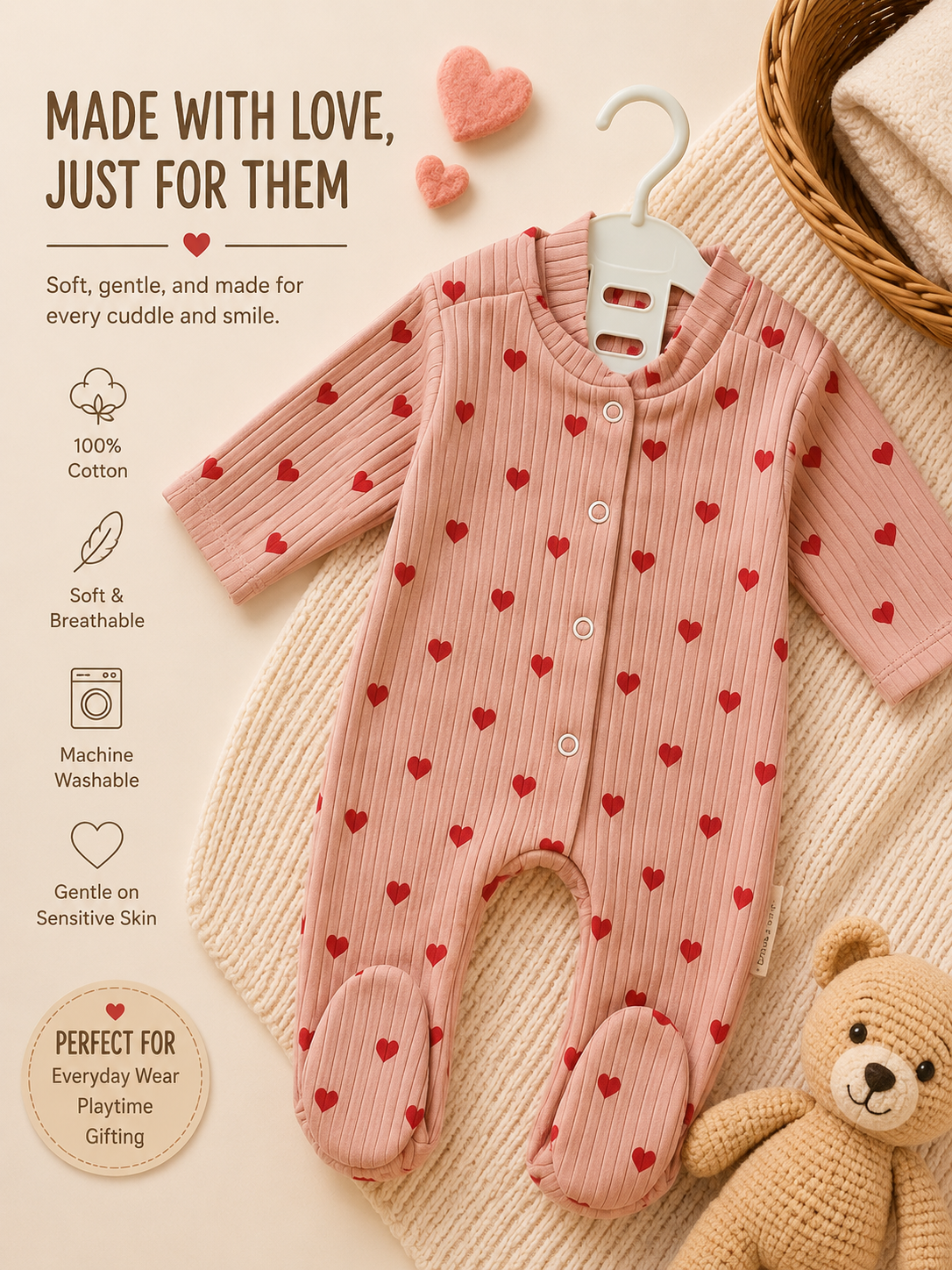 Bundle: 3-Pack 100% Cotton Ribbed Heart Print Baby Sleepsuits