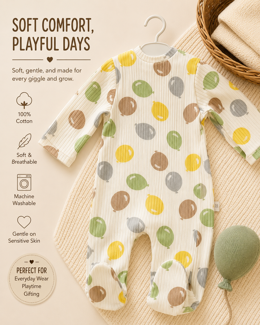 Bundle: 3-Pack 100% Cotton Ribbed Balloon Print Baby Sleepsuits