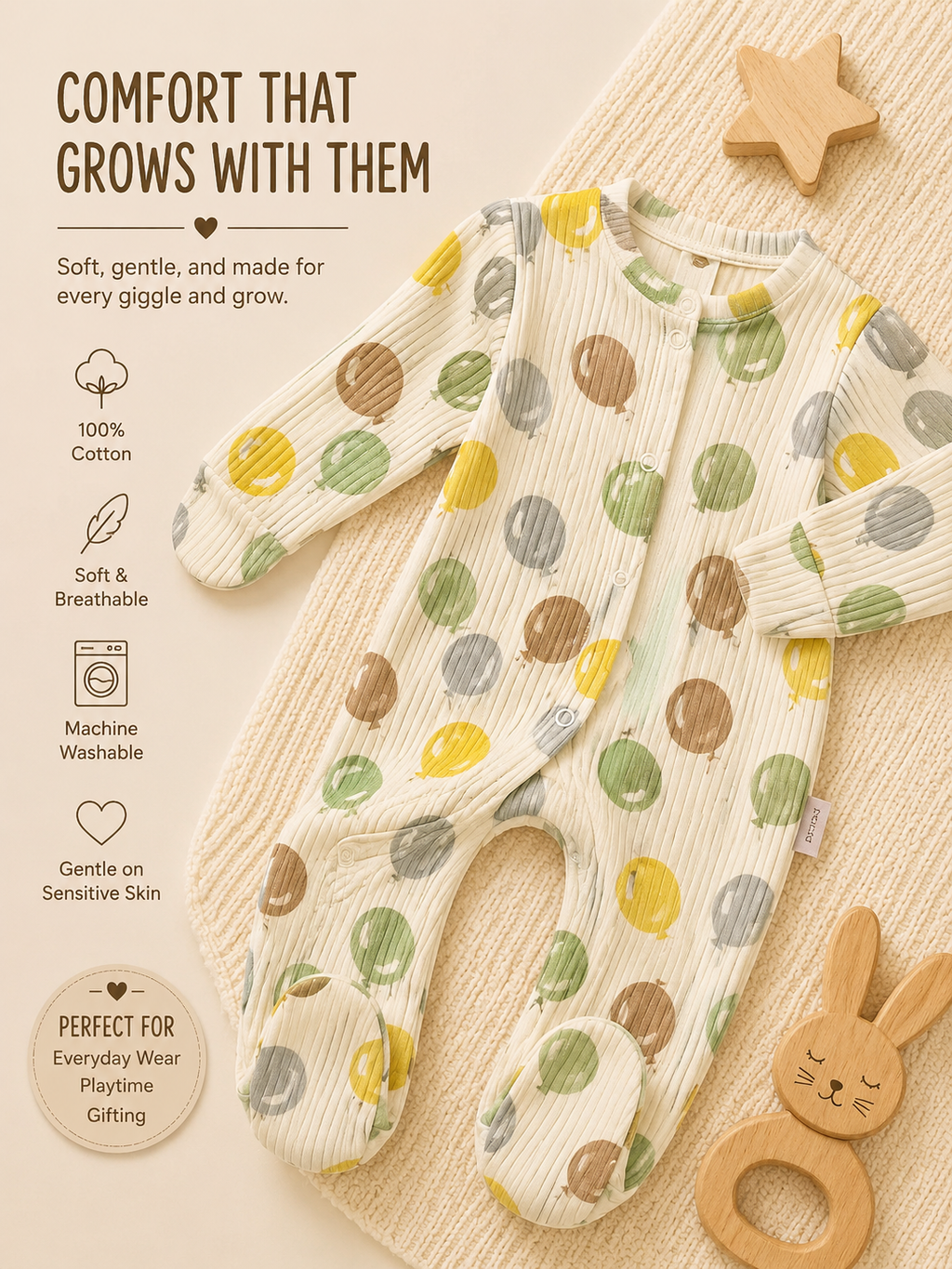 Bundle: 3-Pack 100% Cotton Ribbed Balloon Print Baby Sleepsuits