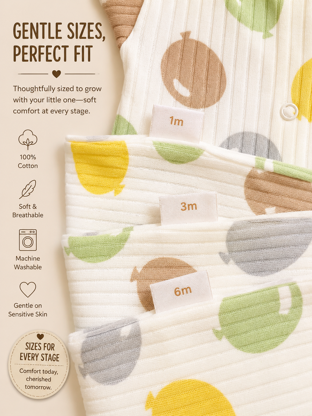 Bundle: 3-Pack 100% Cotton Ribbed Balloon Print Baby Sleepsuits