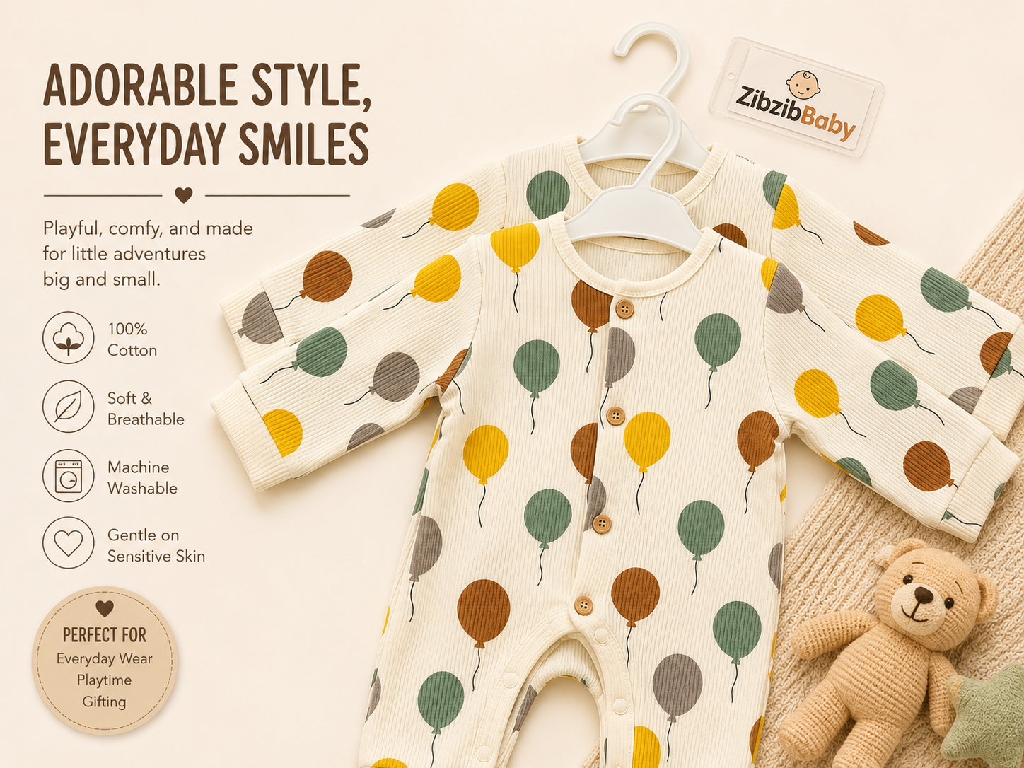 Bundle: 3-Pack 100% Cotton Ribbed Balloon Print Baby Sleepsuits