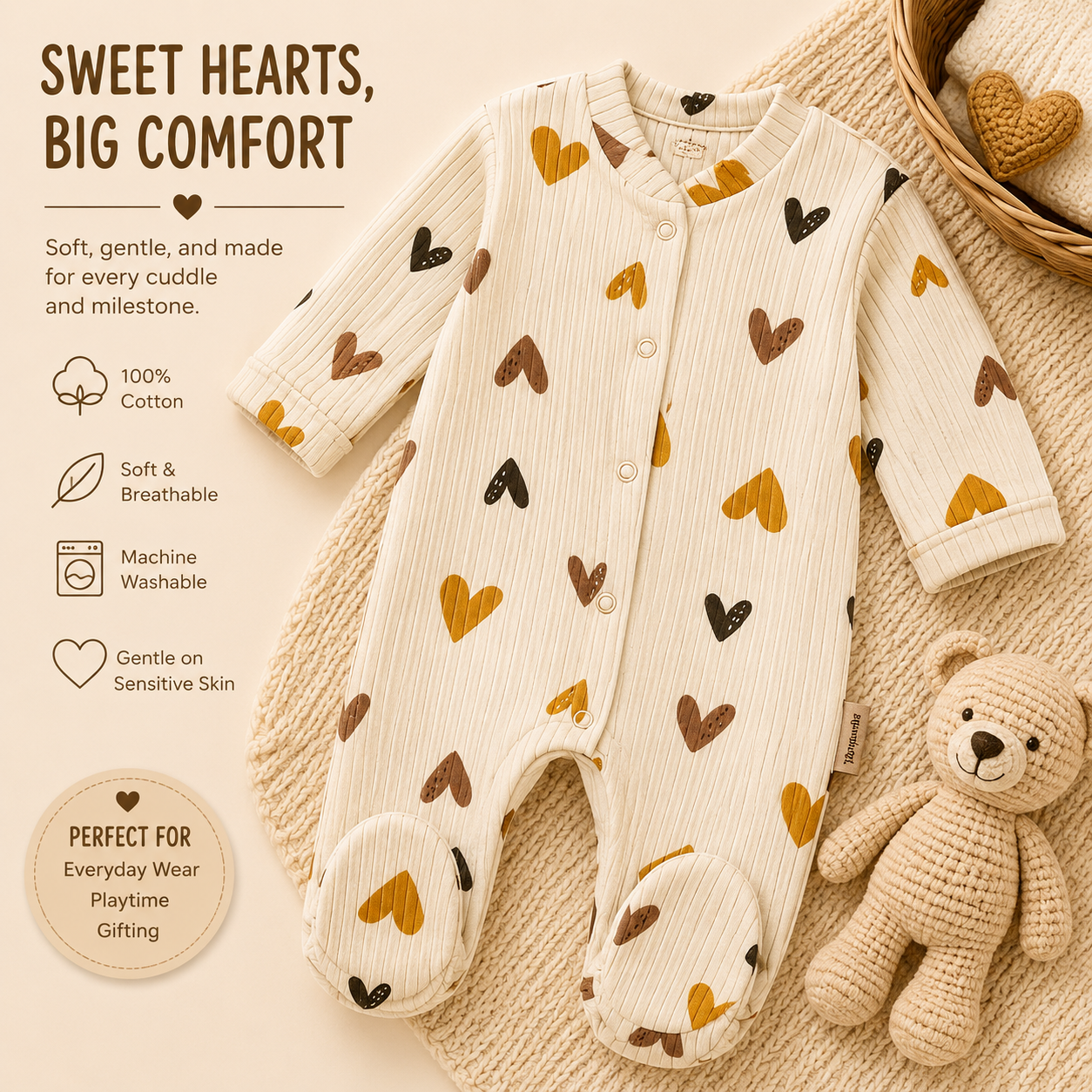 Heart Print Ribbed Cotton Baby Sleepsuit – Soft & Neutral