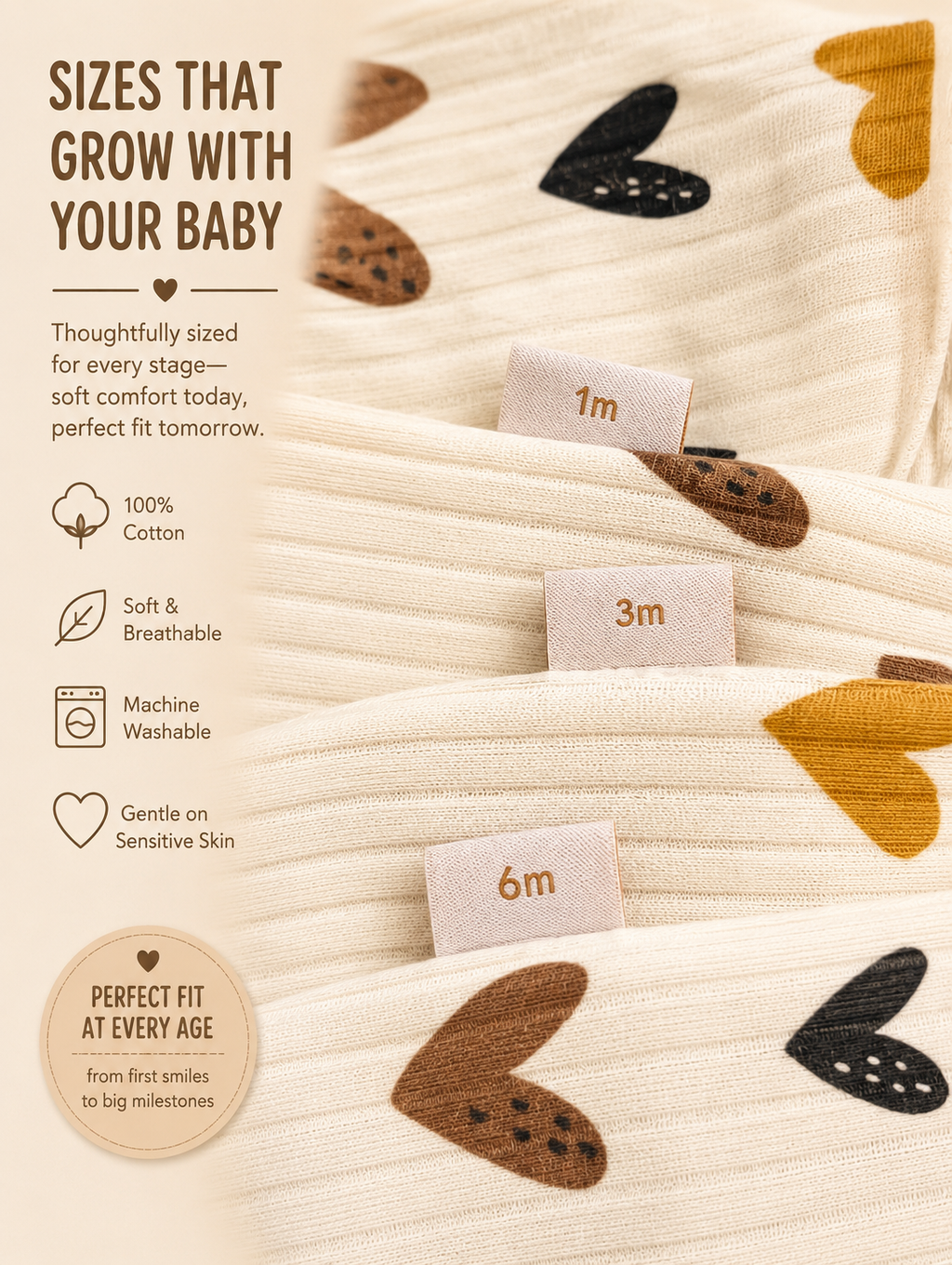 Heart Print Ribbed Cotton Baby Sleepsuit – Soft & Neutral