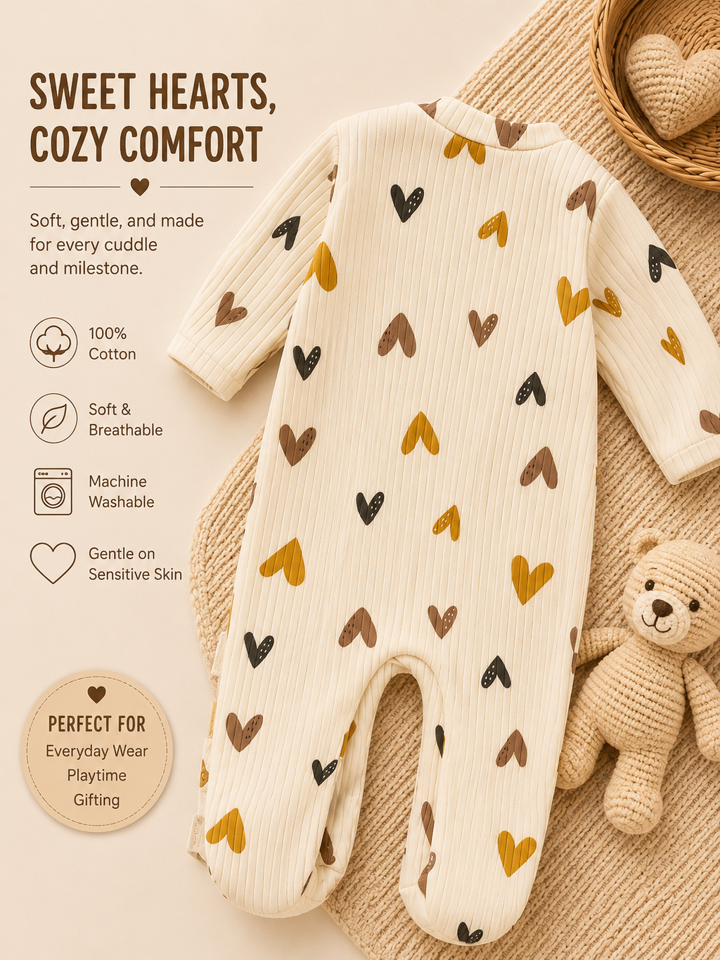 Heart Print Ribbed Cotton Baby Sleepsuit – Soft & Neutral