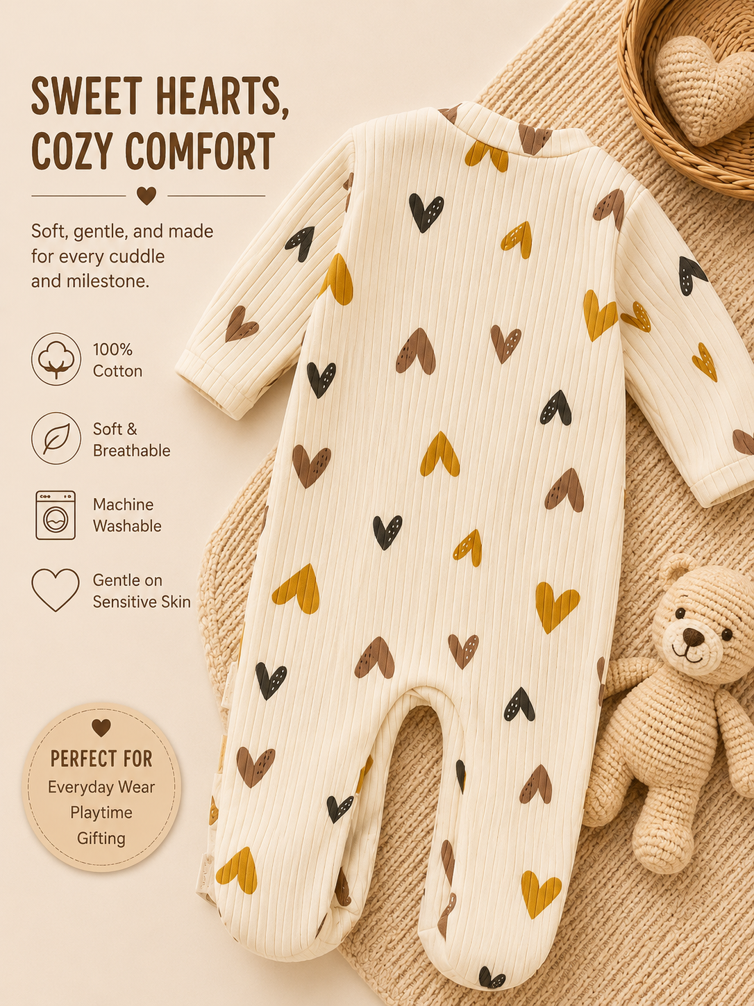Heart Print Ribbed Cotton Baby Sleepsuit – Soft & Neutral