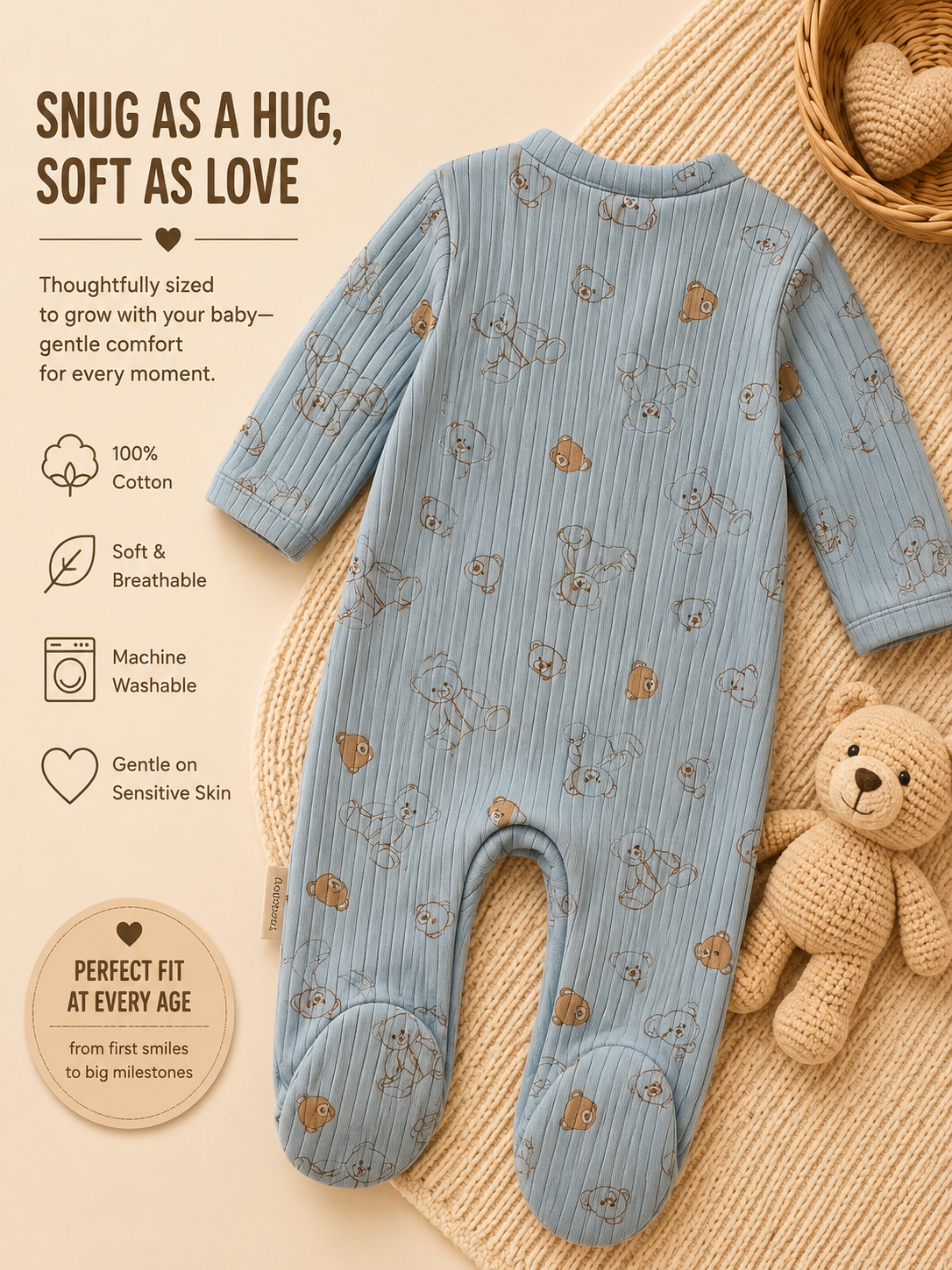 Bundle: 3-Pack 100% Cotton Ribbed Teddy Bear Print Baby Sleepsuits - Slate Blue