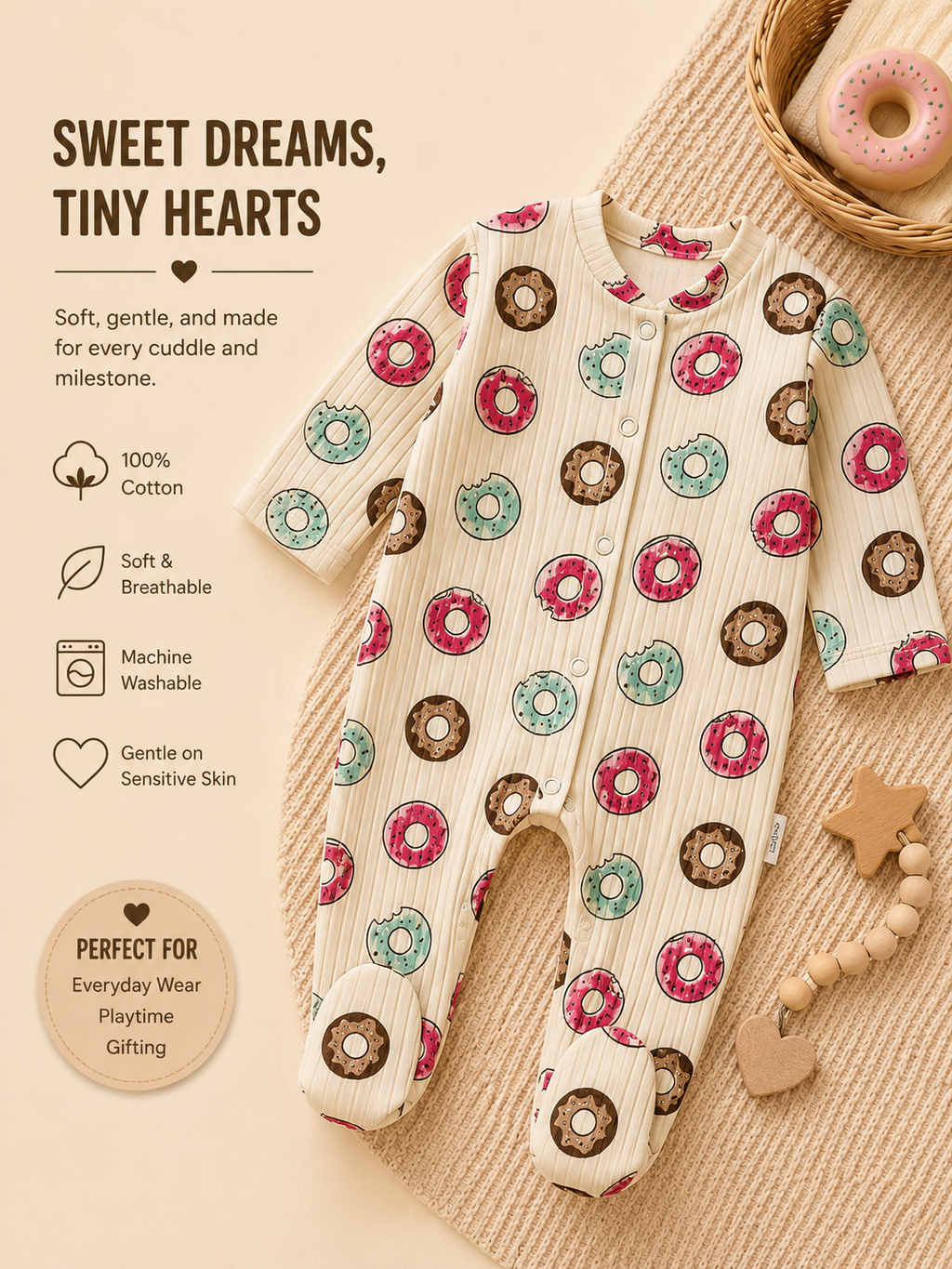 Bundle: 3-Pack 100% Cotton Ribbed Donut Print Baby Sleepsuits