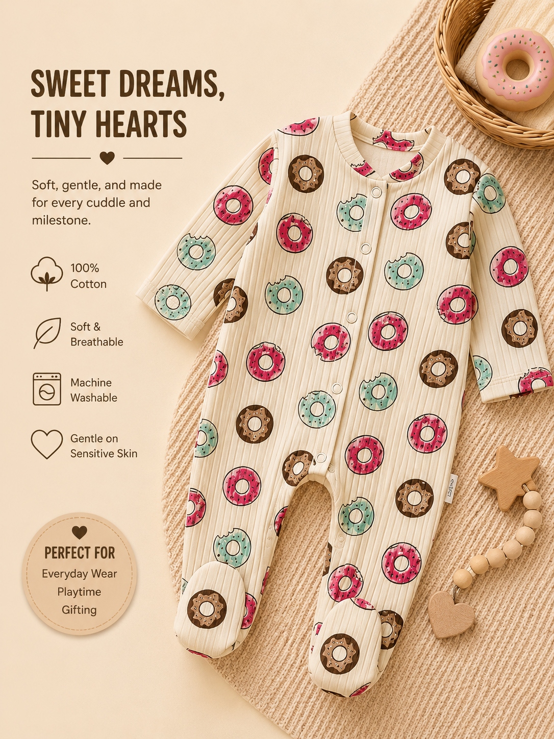 Bundle: 3-Pack 100% Cotton Ribbed Donut Print Baby Sleepsuits