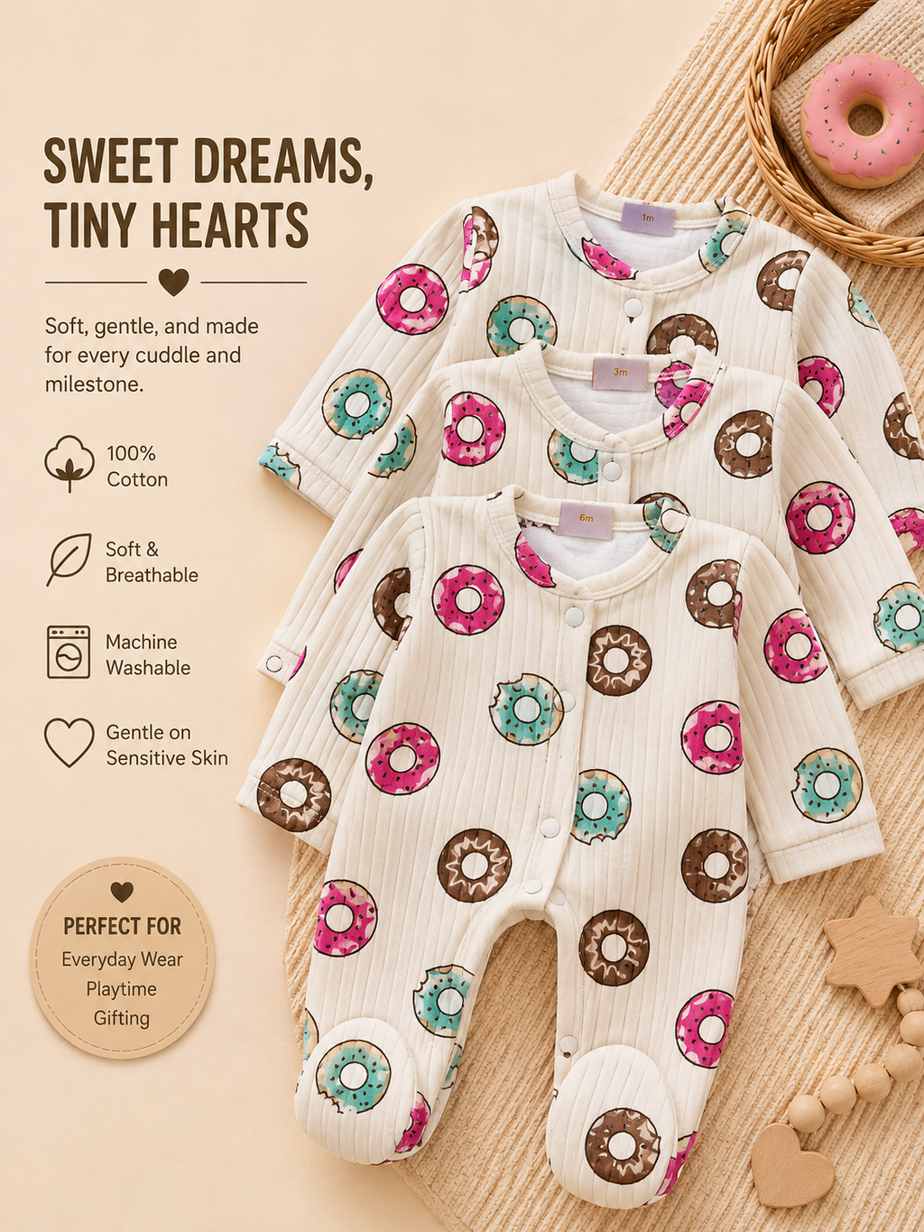 Bundle: 3-Pack 100% Cotton Ribbed Donut Print Baby Sleepsuits