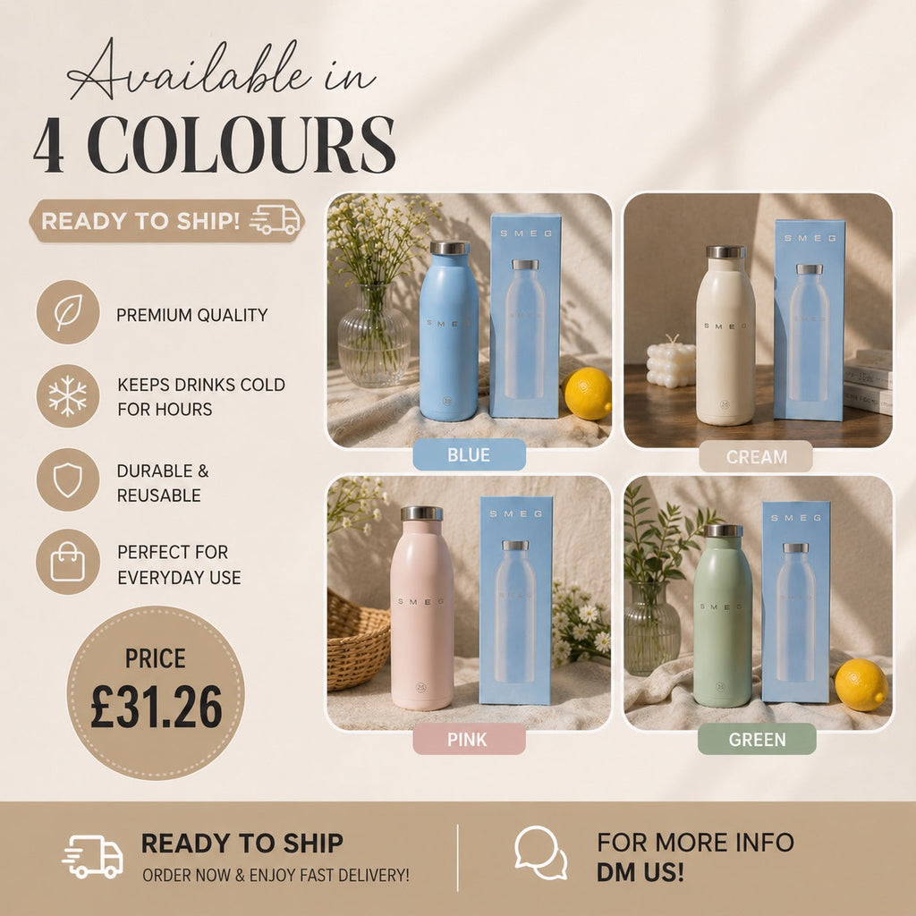 SMEG 500ml Stainless Steel Insulated Water Bottle Vacuum Flask Reusable BPA Free – Choice of Colours